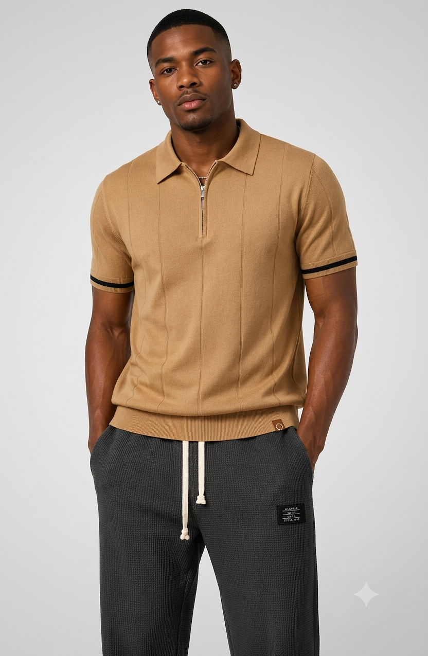 Polo Bruno de manga corta con cremallera